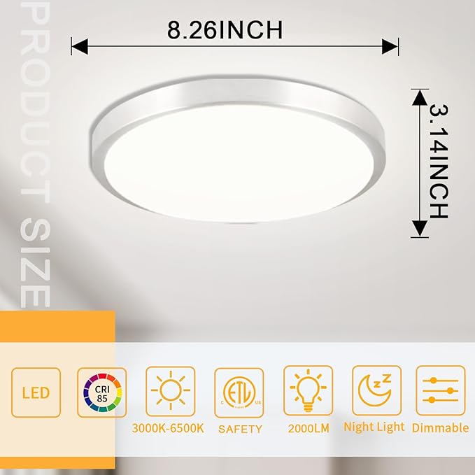 LED Flush Mount Ceiling Light Fixture with Remote Control，8 Inch 18W Close to Ceiling Lights for Kitchen,Bedroom,Laundry,Dimmable 3000K-6500K Light Color Adjustable