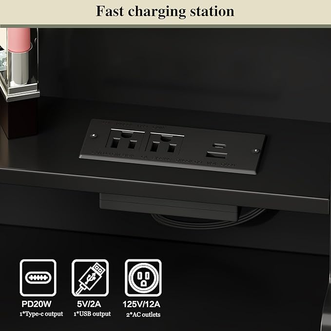 Large Makeup Vanity Desk with Mirror and Lights, Vanity Desk with 8 Drawers & Storage Shelves, Vanity Table with Power Outlet, 3 Color Modes & Adjustable Brightness Dressing Table, Bedroom,Black