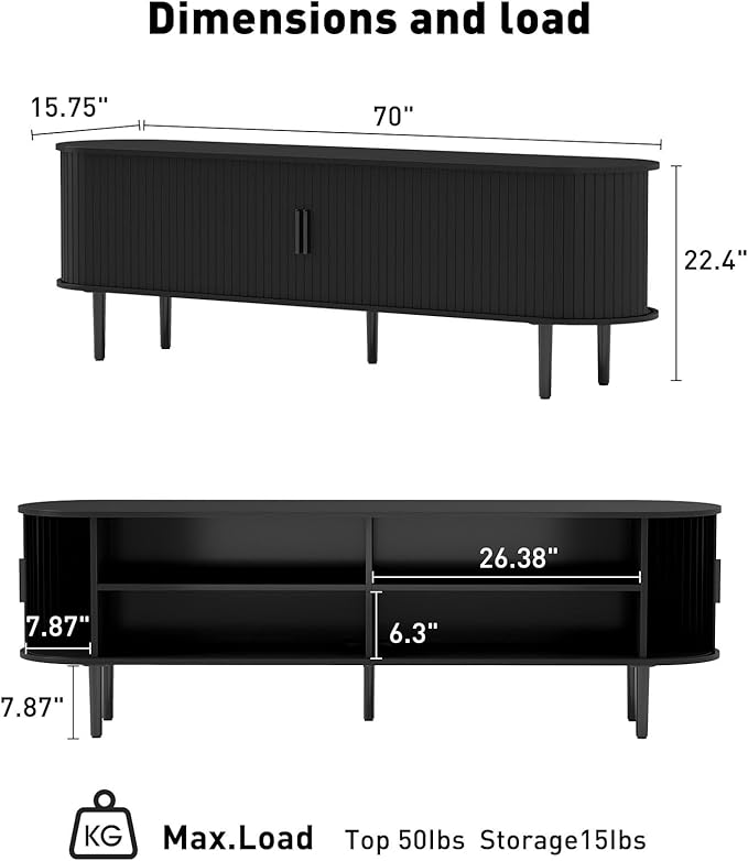 Bonzy Home Mid Century Modern TV Stand, Fluted Entertainment Center with Storage, Long Media Console TV Table for 65" 70" 75" TV, Black