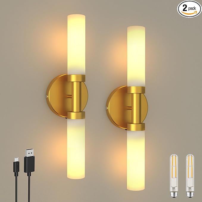 Rechargeable Battery Operated Wall Sconce, Dimmable Vanity Light with Touch Control, Wireless Bathroom Lights Over Mirror, Wall Light for Living Room Hallway Indoor, Gold & Frosted Glass