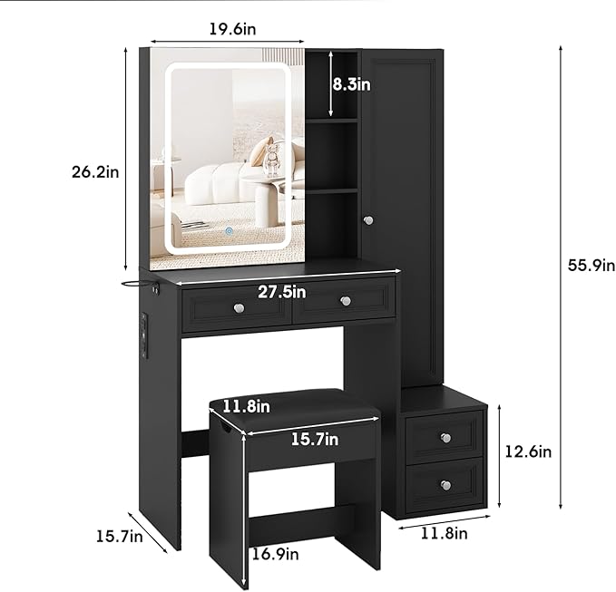 Makeup Vanity Desk with LED Lighted Sliding Mirror, Vanity Table with Jewelry Cabinet and 4 Drawers, Charging Station & Lots Storage Shelves, Adjustable Brightness, Dressing Table Cushioned Stool Set