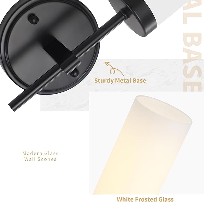 Black Wall Sconces, Modern Bathroom Vanity Lights with Frosted Glass, Sconces Wall Decor Set of 2, Hardwired Wall Sconce Lighting, Indoor Wall Lights for Bedroom Living Room Hallway
