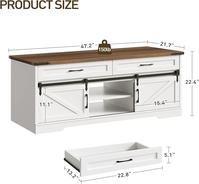 47" Farmhouse Coffee Table with Storage and 2 Drawers, Large Rustic Center Table with Sliding Barn Doors & Open Compartments, Wooden Coffee Table for Living Room, White and Walnut