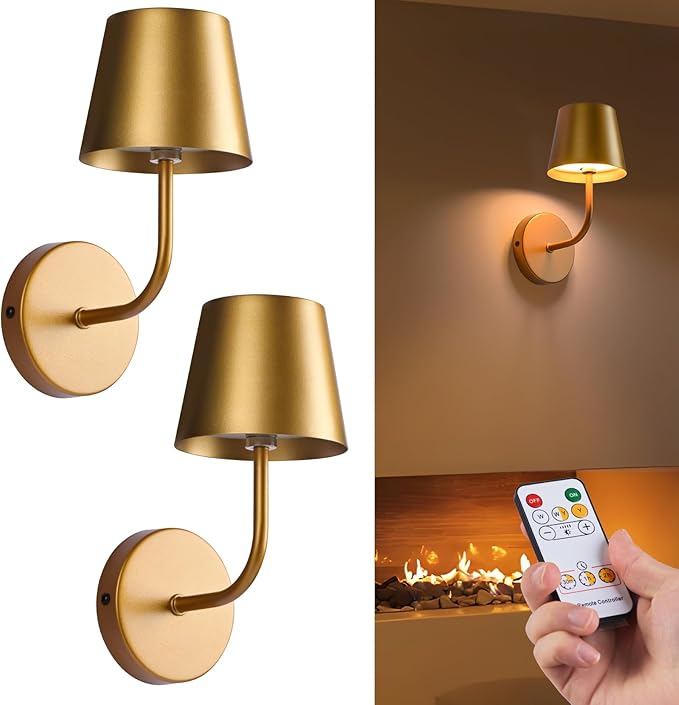 LED Wireless Wall Lamp Set of 2, with 5600mAh Rechargeable Battery Powered Wall Sconces, Touch for Remote Control Infinite Dimming Be Used for Bedroom Mirror Living Room Wall Painting(Gold)