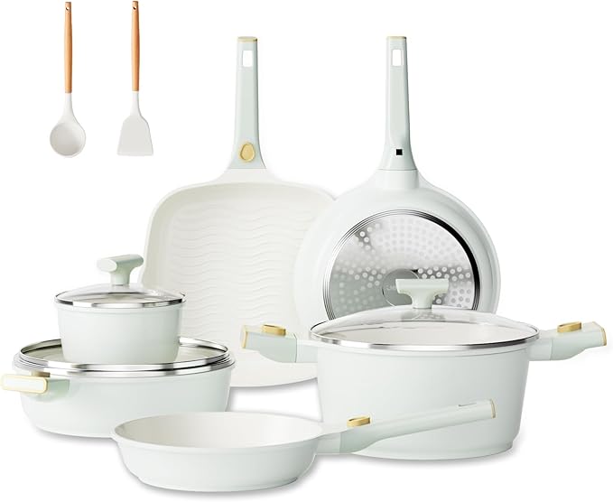 JEETEE Pots and Pans Set Non Stick 22pcs, Ceramic Cookware Set with Removable Handle, Healthy Kitchen Induction Cooking Pots Set with Detachable Handle, Oven Safe, PFAS & PFOA Free, Green, Beige