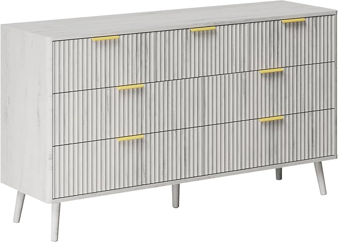 LYNSOM 55" Wide Fluted Dresser for Bedroom with 7 Drawer, Modern Chest of Drawers with Curved Profile Design and Metal Handles, Wood Dresser TV Stand & Storage Organizer for Living Room, White