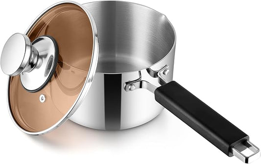 E-far 2 Quart Sauce Pan with Lid, Stainless Steel Tri-Ply All Clad Small Cooking Pot with Pour Spout, Multipurpose Induction Saucepan & Stay-Cool Handle, Compatible with All Cooktops, Dishwasher Safe
