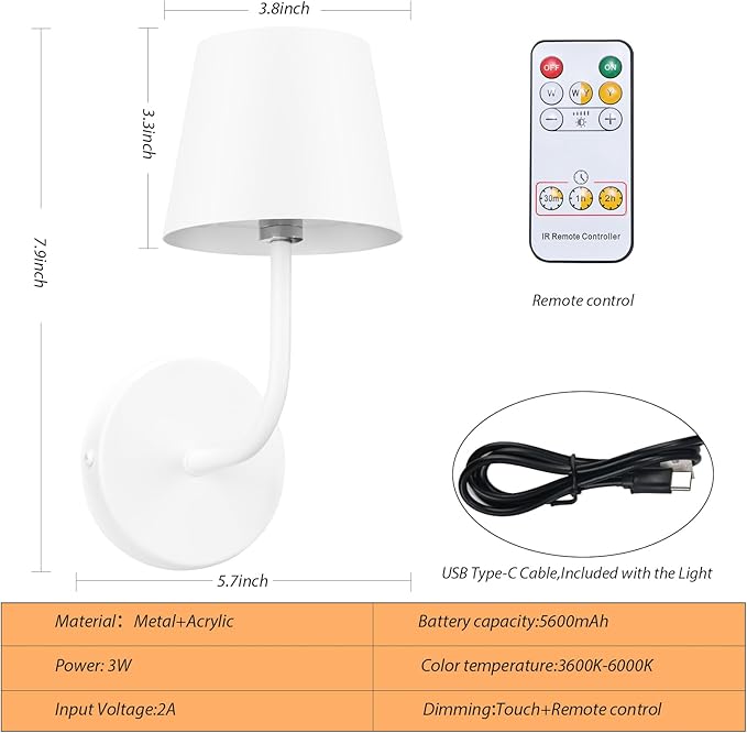 LED Wireless Wall Lamp Set of 2, with 5600mAh Rechargeable Battery Powered Wall Sconces, Touch for Remote Control Infinite Dimming Be Used for Bedroom Mirror Living Room Wall Painting (White)