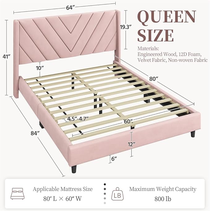 Yaheetech Queen Bed Frame Upholstered Platform Bed with Wing Side/Wooden Slat Support/Tufted Headboard with Wing Side/Mattress Foundation/No Box Spring Needed,Pink Queen Bed