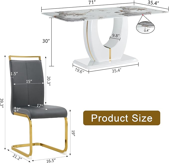 Dining Table Set for 6, Kitchen Table Chairs Set of 6, Modern Dining Room Set 71'' Faux Marble Dinner Table PU Leather Upholstered Chairs for Kitchen (Grey-Golden, 71” White Table Set)