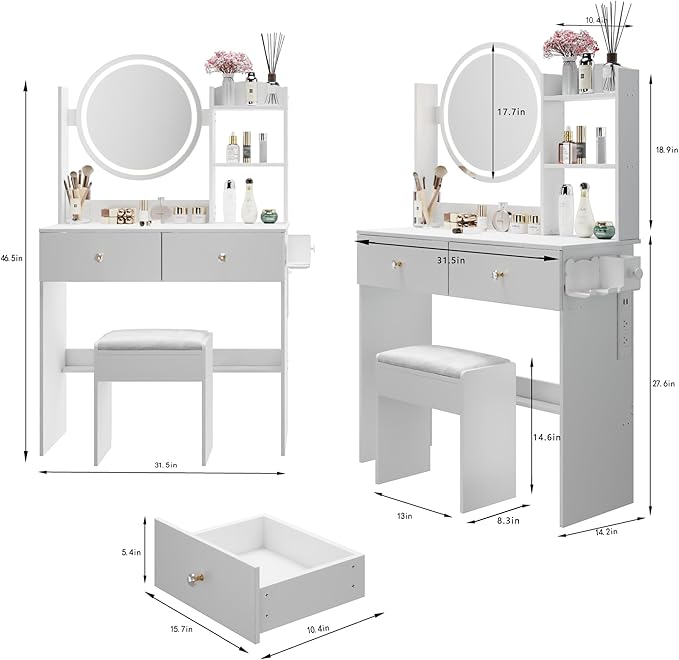 31.5" Small Vanity Desk with Round Mirror and Lights, Makeup Table with 2 AC+2 USB Power Station, Hair Dryer Bracket, Vanity Set with Drawers and Stool for Small Space Bedroom, White