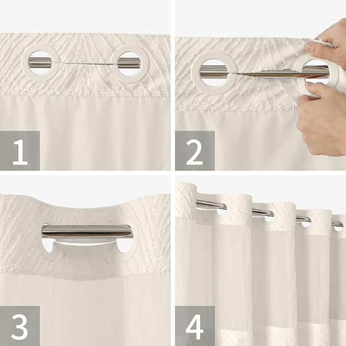 stall no Hook Tufted Shower Curtain with snap in Liner Set, White Waterproof Fabric Inner Liner,Boho Style Shower Curtain with See Through top Window, Cream, 54Wx80H