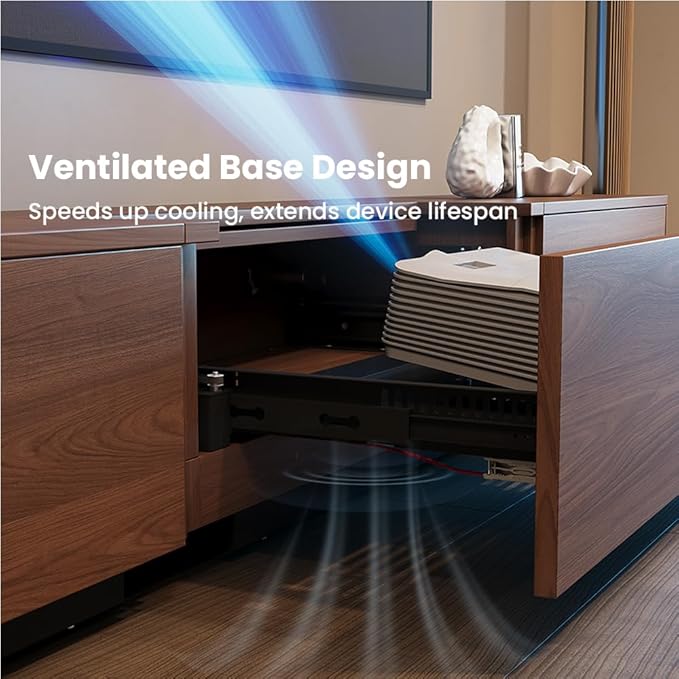 102" Ultra Short Throw Projector TV Cabinet, Mid-Century Modern Electric TV Stand with Linkage Memory Function and Ample Storage Space, Entertainment Center for Living Room, Walnut Color