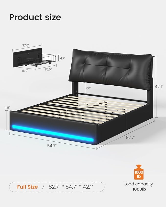 AOGLLATI Full Size Bed Frame with Removable Upholstered Thick Backrest Headboard, Led Bed Frame Full Size with 4 Storage Drawers and Charging Station, No Spring Box Needed, Black