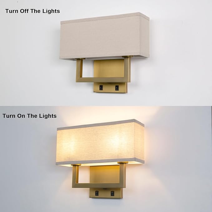 Yosoan Linen Fabric Boho Wall Sconce Bedside Light with On Off Switch, 2-Light Brass Finished Hardwired Vintage Industrial Dual Wall Mount Lamp Square Shade for Bedroom Living Room Stairwell(Antique)