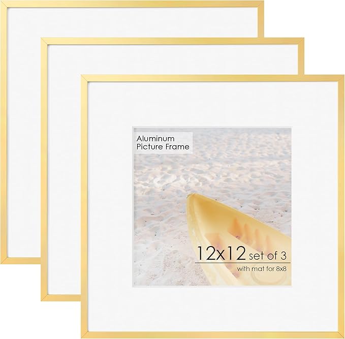 12x12 Frame Metal Square Picture Frame With Tempered Glass 12x12 Frame With Mat For 8x8 Minimalist Modern Poster Frame Hanging Hardware Included (Gold, 3Pcs)