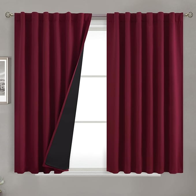 BGment Red Blackout Curtains 45 Inches Long with Thermal Insulation Liner, Christmas Blackout Curtains Rod Pocket Back Tab Room Darkening Window Curtain for Bedroom(52 x 45 Inch, 2 Panels, Burgundy)