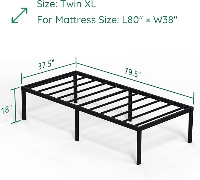 18 Inch Twin XL Bed Frame Heavy Duty No Box Spring Needed Metal Platform with Maximum Storage, Easy to Assembly, Noise Free, Black