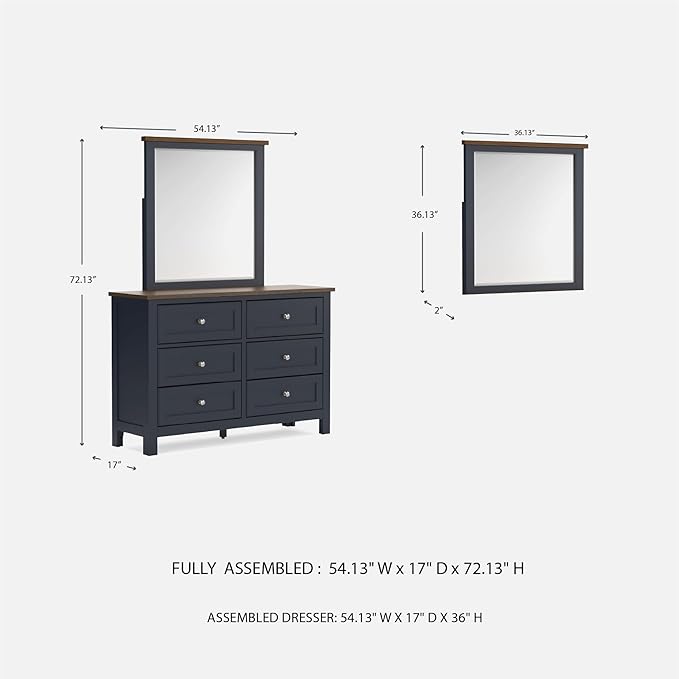 Signature Design by Ashley Landocken Casual 6-Drawer Dresser and Mirror with Safety Stop, Blue & Light Brown