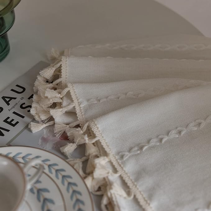 Boho Embroidery Linen Curtains 108 Inches Long for Living Room, 2 Panels Set, Cream Off White Light Filtering Farmhouse Draperies for Bedroom, Rod Pocket, 52" W x 108" L