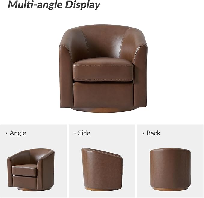 HULALA HOME Genuine Leather Swivel Accent Chairs Set of 2 with Solid Wood Base, Round Swivel Barrel Chairs for Living Room and Bedroom, Brown