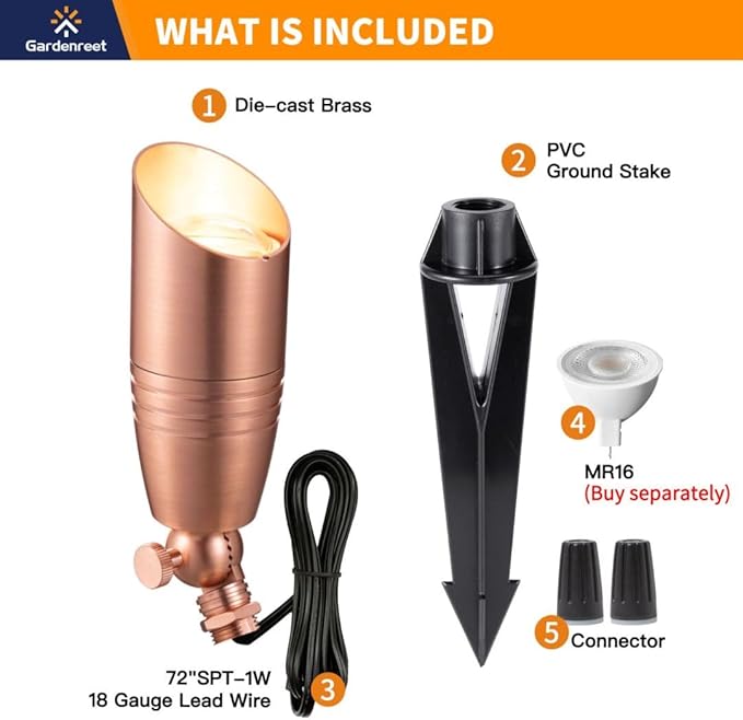 Low Voltage Spot Lights - Solid Brass Landscape Spotlight Wired, 12V Outdoor LED Uplights, Waterproof Electric Copper Adjustable Focus for Patio Wall Without MR16 Bulb (6 Pack)