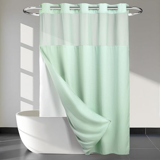 River Dream Heavyweight No Hooks Required Dotted Waffle Weave Shower Curtain with Snap in Liner - 71W x 74H,Hotel Grade,Spa Like Bath Curtain,Green Light