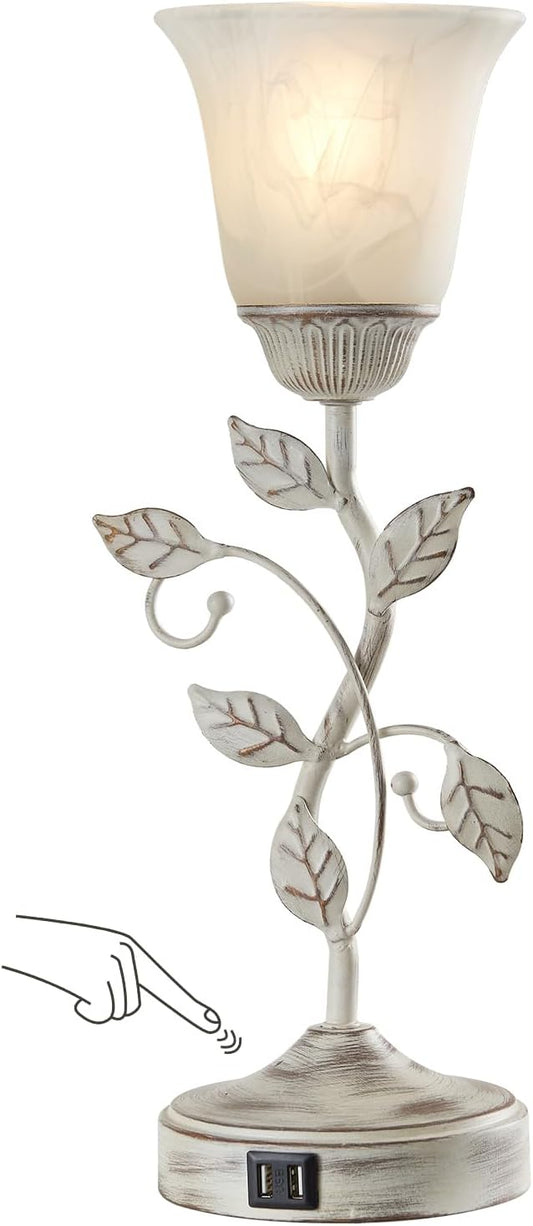 RORIANO Rustic Touch Table Lamp for Bedroom, 3-Way Dimmable Nightstand Lamp with 2 USB Ports, Retro Vintage White Glass Shade Leaf Desk Lamp for Living Room Entryway, LED Bulb Included