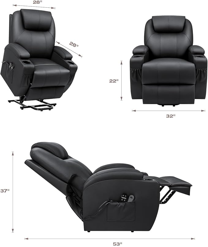 VICTONE Electric Power Lift Recliner Chair for Elderly Reclining Sofa for Living Room with Massage, Side Pockets and Cup Holders (Leather, Black)