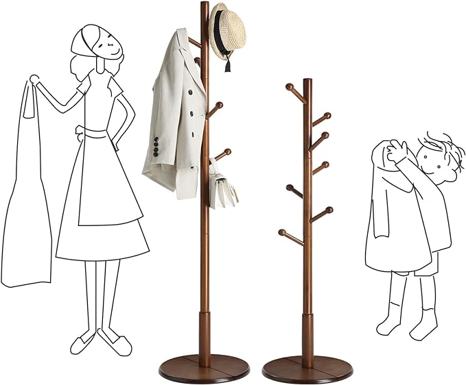 VASAGLE Solid Wood Coat Rack, Free Standing Hall Coat Tree with 7 Hooks, 3 Height Options, for Coats, Hats, Bags, Purses, for Entryway, Hallway, Rubberwood Hooks and Pole, Dark Walnut URCR07WN