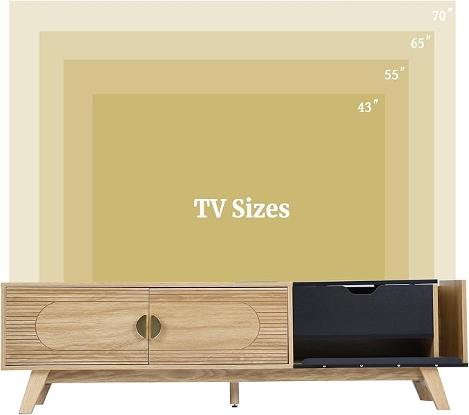 Modern TV Stand for TVs up to 70 Inch, Wood Entertainment Center with CD Storage Cabinet, TV Console Table with 2 Doors and Power Outlets, for Living Room (Natural & Black, 63inch)