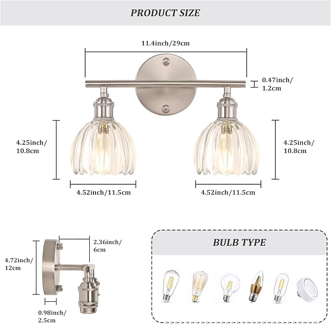 Bathroom Light Fixtures, 2-Light Vanity Wall Light Over Mirror with Clear Tulip Glass Shade for Bedroom Living Room, Satin Nickel