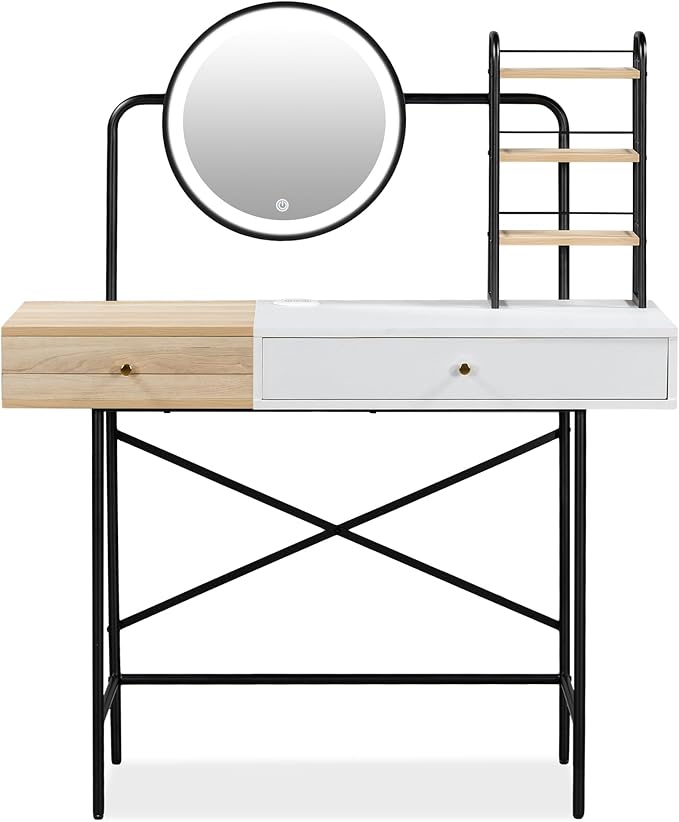 40" Makeup Vanity Desk with 3 Lighting Modes Adjustable Brightness & Power Outlet, Vanity Table with Drawer & 3 Open Shelves for Ample Storage Space, Dressing Table for Bedroom (White)