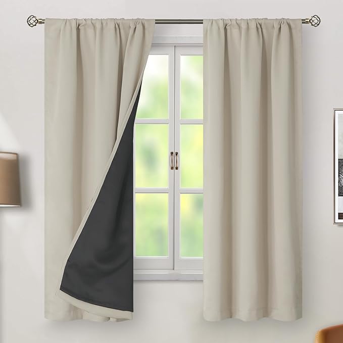BGment Cashmere Blackout Curtains 63 Inches Long with Thermal Insulated Liner, 100% Blackout Double Layer Room Darkening Rod Pocket Back Tab Window Curtain for Bedroom, 2 Panels,Each 38 x 63 Inch