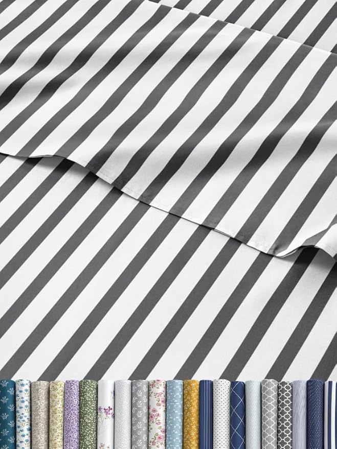Striped Sheets - Grey Striped Sheets - 1 Flat & 1 Fitted & 2 Pillowcases w/ Deep Pockets – Comfy, Wrinkle & Fade Free - Ultra-Soft, Breathable & Cooling – Luxury Pinstripe Bedding - Queen Size Bed Set