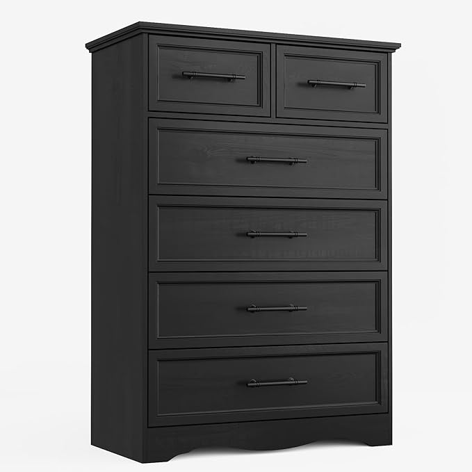 Black Dresser for Bedroom, Modern 6 Chest of Drawers, 44" Tall Chest of Drawers w/Brushed Metal Handle, Wood Closet Organizers and Storage Cabinet for Bedroom, Living Room, Hallway