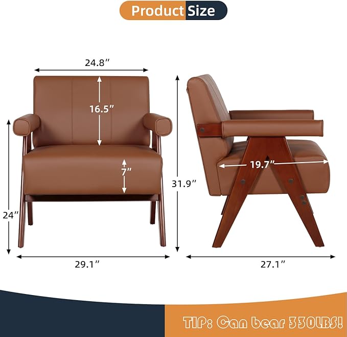 AODAILIHB Mid Century Modern Chairs Set of 2 Brown Leather Accent Chair Wood Arms with Soft Bag Living Room Chairs with Thick Cushion Comfy Side Waiting Room Chairs Bedroom/Office (2, Brown)