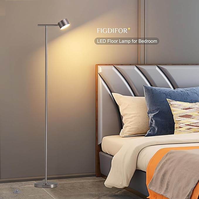 Floor Lamp for bedroom, 3 Color Temperatures Floor Reading Lamp with Flexible Lamp Cap, Modern Bedroom Floor Lamps for Living Room, Simple Design Standing Lamp for Office Working Study Silver