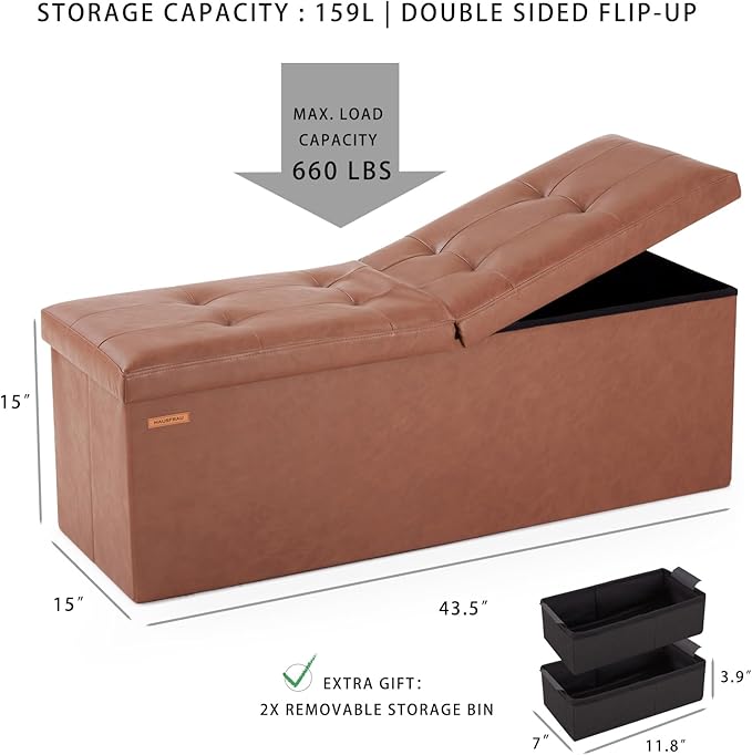 HAUSFRAU 43.3 Inches Ottoman with Storage Bench, Folding Ottoman Bench Foot Rest Stool, Bedroom Bench with Flipping Lid, Linen Black