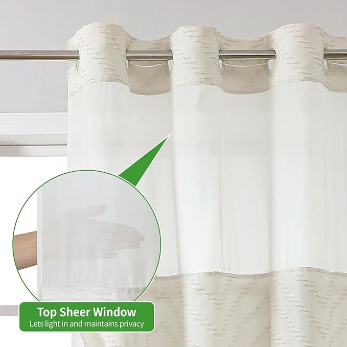 No Hook Boho Farmhouse Shower Curtain with Snap-in Fabric Liner set-36Wx74H(72H),Cream Tufted Chevron Striped Hotel Grade Cloth Shower Curtains for Bathroom with Window,Water Repellent