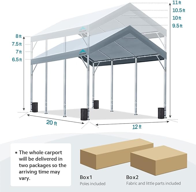 ADVANCE OUTDOOR 12x20 ft Heavy Duty Carport Potable Car Canopy Garage Party Tent Boat Shelter, Adjustable Height from 9.5 ft to 11 ft, Gray