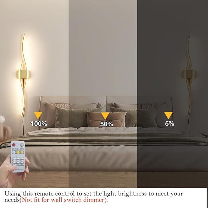 Modern Gold Plug in Wall Sconces Set of Two, RC Dimmable LED Plug in Wall Light, Wall Lamps with Plug in Cord for TV Wall Sconces, Gold Sconce Wall Lighting for Living Room, Hallway, Bedroom