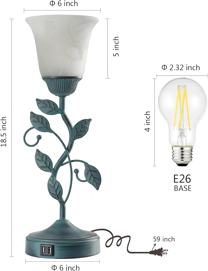 RORIANO Vintage Touch Table Lamp for Living Room, 3-Way Dimmable Nightstand Lamp with 2 USB Ports, Farmhouse Rustic White Glass Shade Leaf Desk Lamp for Bedroom End Table, LED Bulb Included