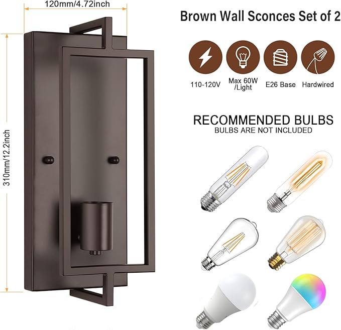 Industrial Wall Sconces Set of 2, Vintage Brown Wall Light Fixture E26 Base, Metal Rustic Wall Mount Lamp, Modern Indoor Lighting Hardwired