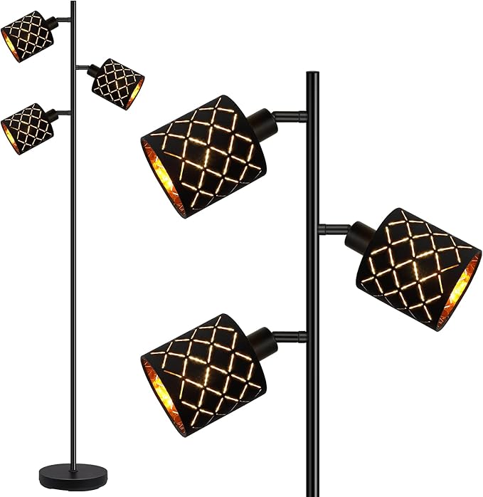 Industrial Floor Lamps for Living Room, Tree Standing Lamp for Bedroom with Adjustable 3-Light, 4W E12 LED Bulb, Modern Stand Up Lamps, Metal Tall Rustic Pole Lamp, Vintage Farmhouse Floor Lamp