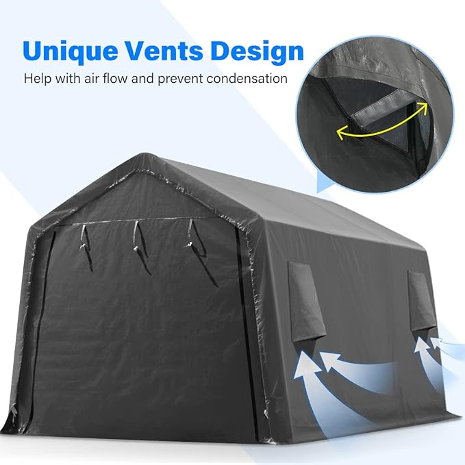 ADVANCE OUTDOOR 10X15 ft Garage Shelter Steel Metal Peak Roof Portable Storage Shed Carport for Motorcycle Boat, or Garden Tools with 2 Roll up Doors & Vents, Gray