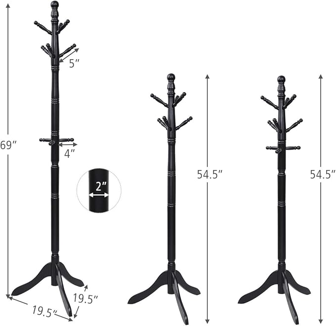Tangkula Wood Coat Rack Freestanding, Entryway Height Adjustable Coat Stand with 9 Hooks & Stable Tri-Legged Base, Rubber Wood Coat Tree Hall Tree Coat Hanger Stand for Home Office Hall Entryway
