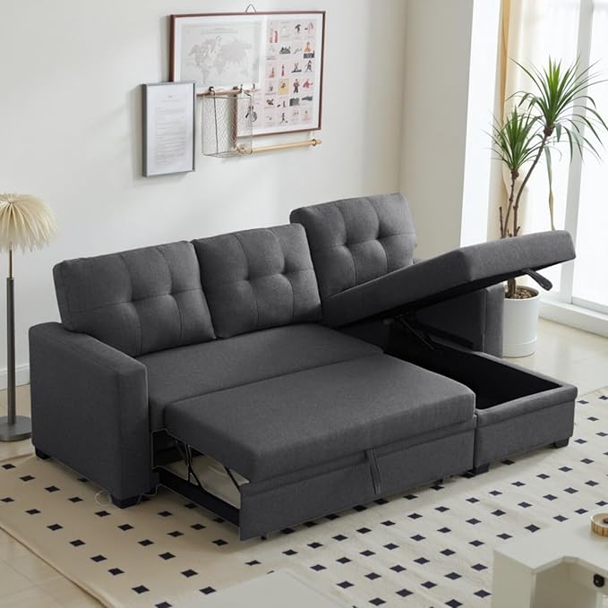 L-Shape Sofa Bed, 82" Sectional Couch with Storage Chaise, Pull Out Sleeper Sofa with Removable Back Cushions, Convertible Corner Couch for Living Room Apartment, Dark Gray