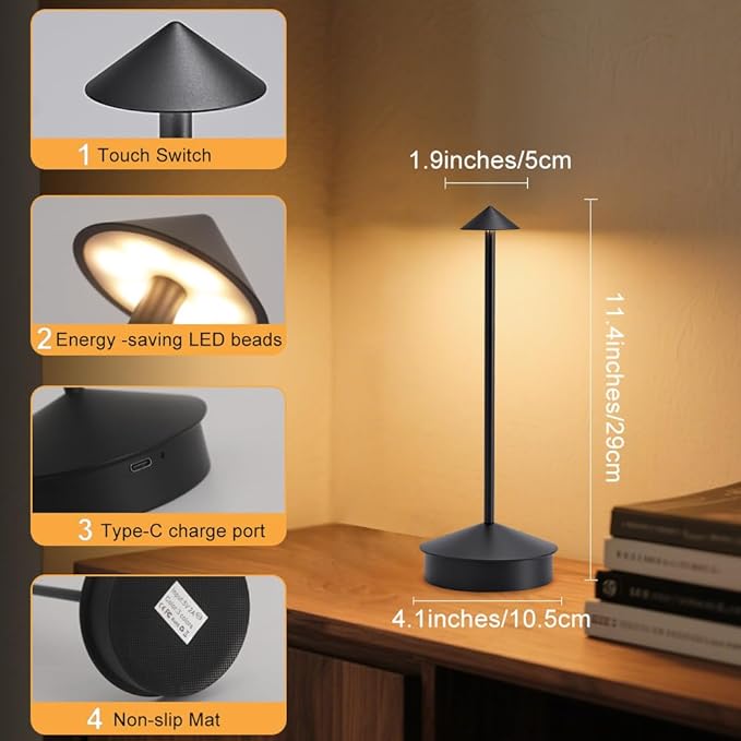 EJQ 2 Pack LED Cordless Table Lamp, Portable 6000mAh Rechargeable, Touch Control Outdoor Table Lamp, 3 Color Dimmable Cordless Table Lamps for Restaurant, Patio, Bedroom, Outdoor - Black