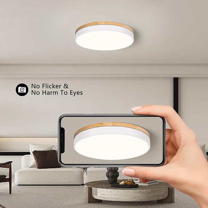 Modern Wood Ceiling Light, White LED Close to Ceiling Lighting Fixtures, Round Flush Mount Ceiling Lamp for Kitchen Bedroom Bathroom Laundry Room Nursery Room Hallway（15.74 Inch）